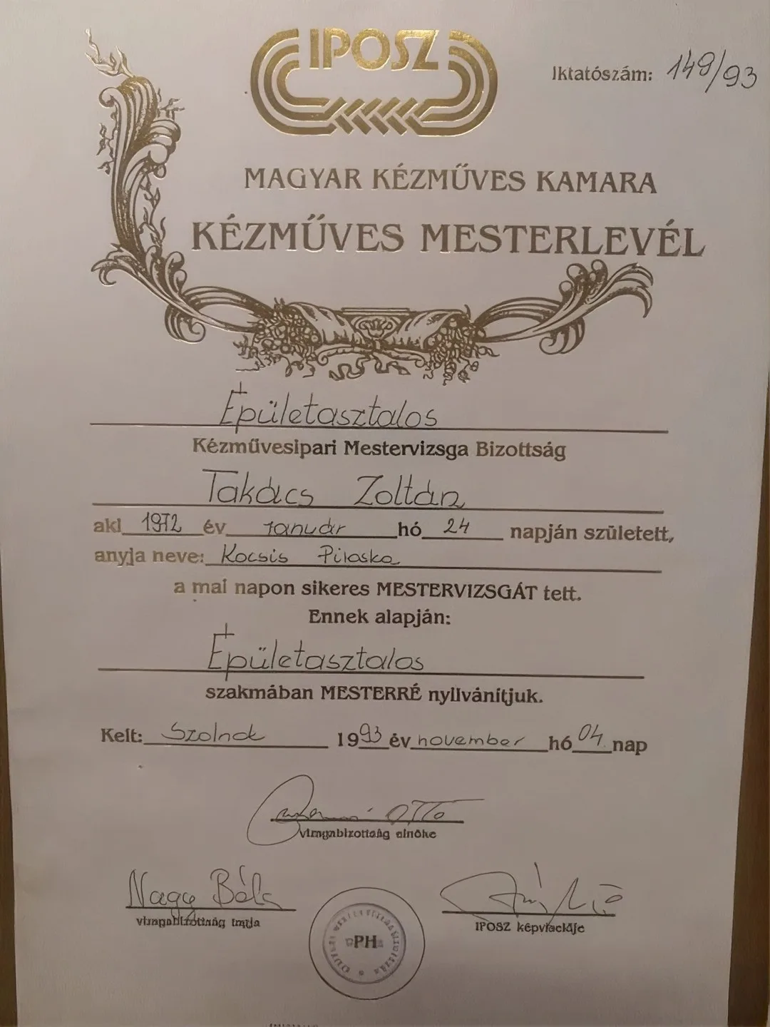 Kézműves mesterlevél